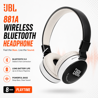 JBL 881A Wireless Bluetooth Headphone – Over-Ear Stereo Headset with Deep Bass, TF Card, FM Radio, AUX, Built-in Mic & Comfortable Cushion Design